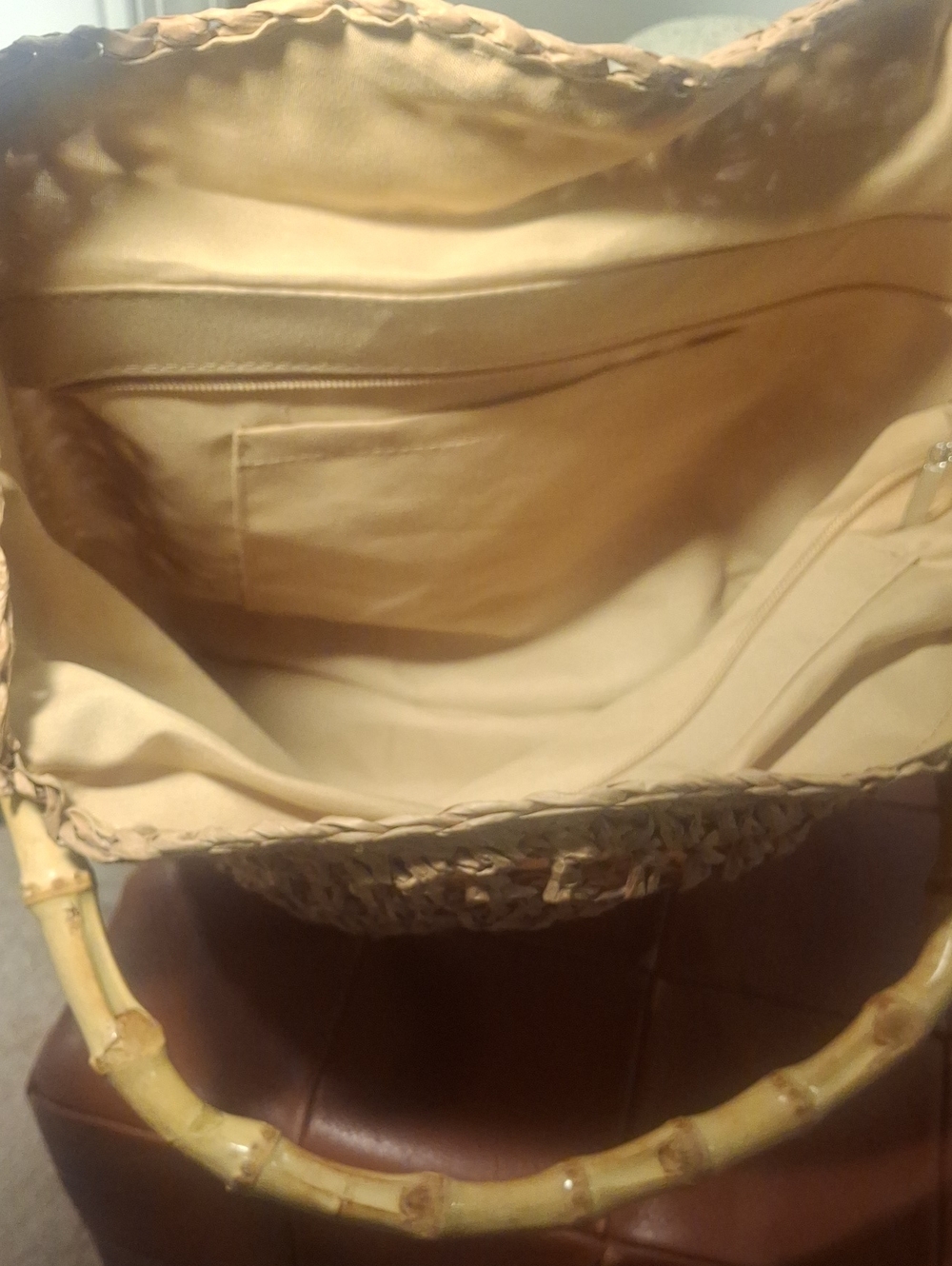 Upcycle Gucci Round Woven Straw Tote with Bamboo Handles and Logo Accent - Picture 6 of 10